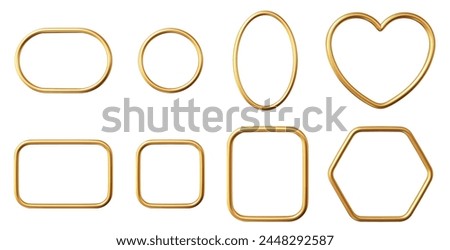 3d gold frames set of geometric shapes: circle, oval, rectangle, square, heart, hexagon. Realistic shiny golden border collection. Stock vector illustration on isolated background.