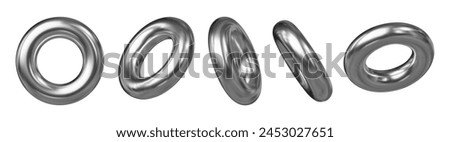 3d set of metal torus symbol or icon with different angles. Geometry figure tor form. Stock vector illustration on isolated background.	
