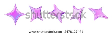 3d neon or holographic sparkle star set. Stock vector illustration on isolated background.