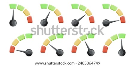 3d speedometer icon. Low, middle and high speed status. Scale score of speed, levels, meter, tachometer performance and rating. Stock vector illustration on isolated background.	
