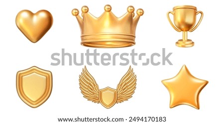 3d golden set of heart, crown, trophy cup, shield, wings, star. Stock vector illustration on isolated background.