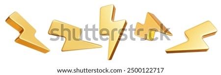 3d set golden charger symbol. Symbol of energy, danger. Minimalistic electrical discharge. Stock vector illustration on isolated background.	
