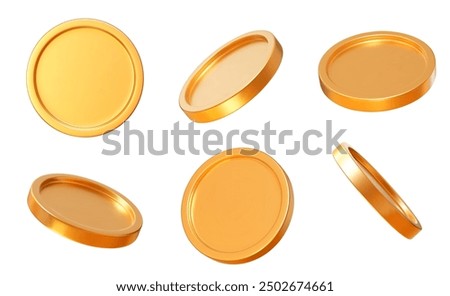 3D set realistic golden coins with different angles.  Symbol of gold and wealth. Stock vector illustration on isolated background.