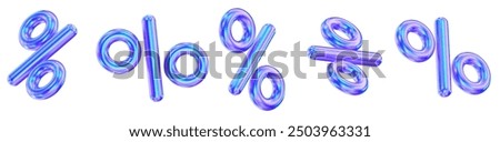 3d set of blue neon percent signs discount with different angles. Voucher gift. Stock vector illustration on isolated background.