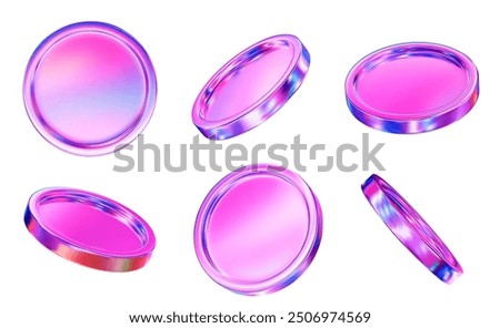 3D set holographic or neon coins with different angles.  Symbol of gold and wealth. Stock vector illustration on isolated background.