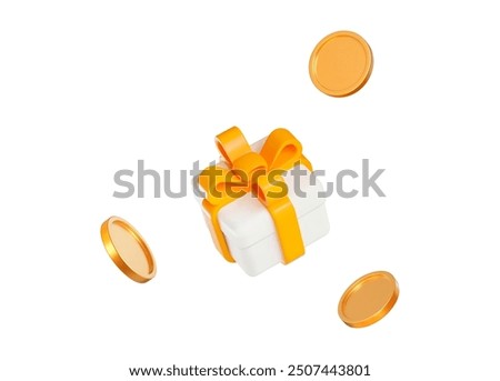 3d white gift box with yellow ribbon and flying gold coins. Stock vector illustration on isolated background.