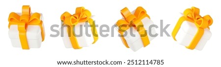 3d set gift boxes white color with a yellow ribbon bow. Christmas, birthday, ads, promotion. Stock vector illustration on isolated background.