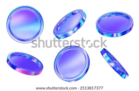 3D set holographic or neon coins with different angles.  Symbol of gold and wealth. Stock vector illustration on isolated background.