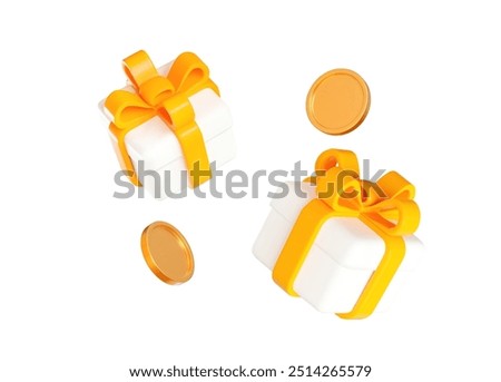 3d white gift box with yellow ribbon and flying gold coins. Stock vector illustration on isolated background.