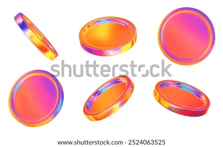 3D set holographic or neon coins with different angles.  Symbol of gold and wealth. Stock vector illustration on isolated background.