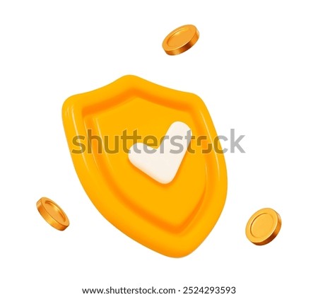 3d yellow shield with check mark and flying gold coins. Cartoon style. Concept of secure protection. Stock vector illustration on isolated background.