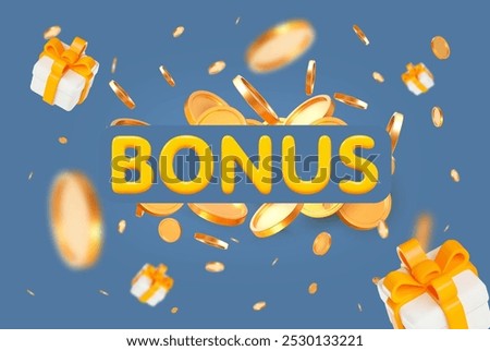 3d Bonus text and explosion gold shiny coins with flying gift box on blue isolated background. Rich or casino luck concept. Precious expensive treasure. Stock vector illustration.	