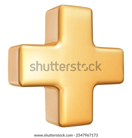 3d golden plus sign. Medical icon apteka. Vector illustration on isolated background.