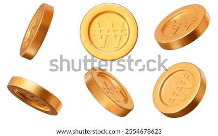 3D set golden Korean won coins with different angles. Stock vector illustration on isolated background.	
