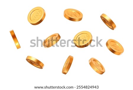 3d flying gold Korean won coins on white isolated background. Rich or casino luck concept. Precious expensive treasure. Stock vector illustration.	