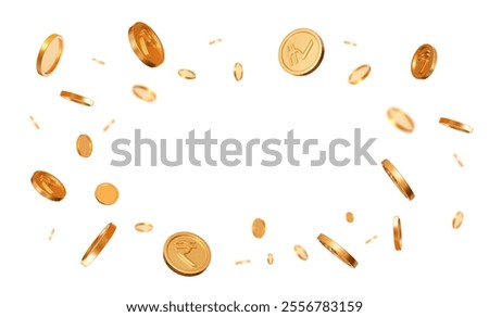 3d realistic flying golden coins of Indian rupees with effect bokeh on white isolated background. Rich or casino luck concept. Precious expensive treasure. Stock vector illustration.	
