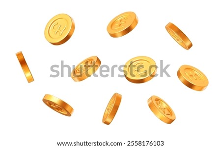 3d flying golden coins with pound sterling sign. Currency of United Kingdom. Precious expensive treasure. Stock vector illustration.	