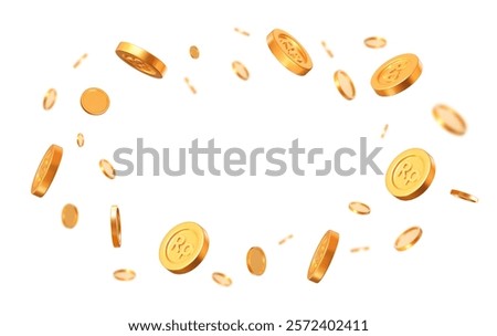 3d flying gold Indonesian Rupiah coins on white isolated background. Rich or casino luck concept. Precious expensive treasure. Stock vector illustration.	
