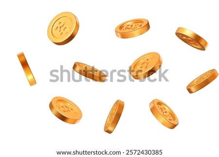 3d flying gold Indonesian Rupiah coins on white isolated background. Rich or casino luck concept. Precious expensive treasure. Stock vector illustration.	
