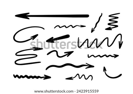 Arrows set simple hand drawn vector illustration, free form curved, straight signs pointing different directions