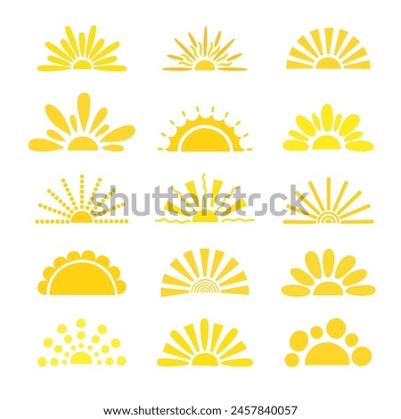 Simple yellow half sun hand drawn vector flat illustration with half-circle shape in middle, cute summer sunset, dawn image for logo, cards, decor, vacation concept, holiday, summertime kids design