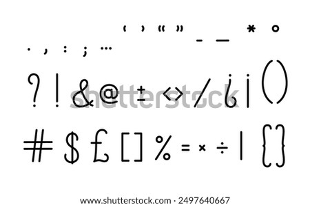 Punctuation marks, period, comma, ampersand, question, exclamation, brackets simple hand drawn symbols, typography vector illustration, mathematics, orthography, text separation