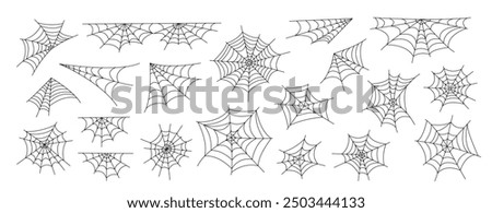 Spider webs set simple hand drawn outline vector illustration of doodle fancy Halloween scary decor elements, clipart perfect for Halloween party design, cartoon spooky character