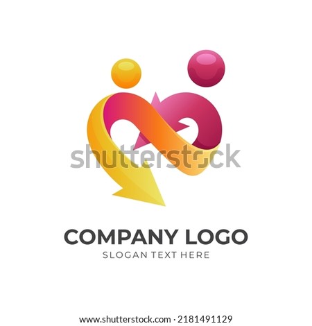 human love logo design, love, arrow and people combination logo with 3d colorful style