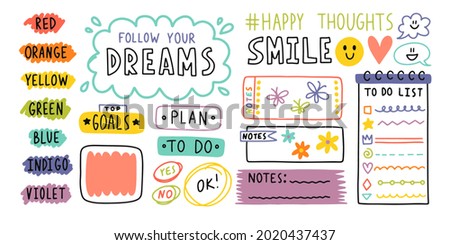 Diary bullet cute journal border elements. Note icon, sticker for school. Vector illustration