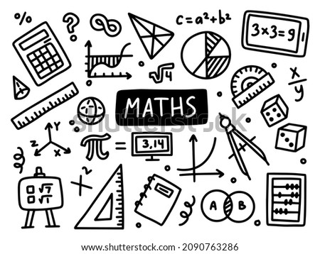 Maths doodle line set school university. Outline subject. Vector illustration