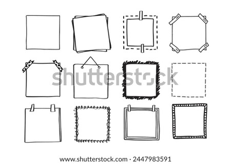 Handdrawn set of square scribbles frame. Doodle line empty frames. Vector illustration