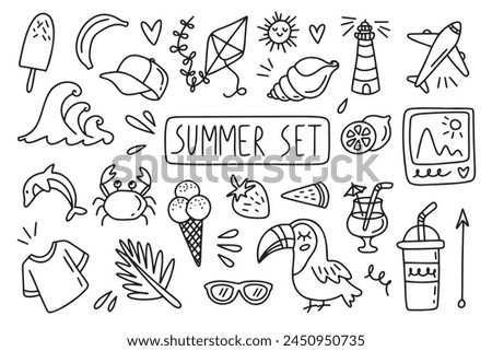 Beach vacation sea line drawings elements. Summer doodle outline sketch. Vector illustration