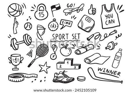 Sport elements doodle. Funny hand drawn Cute cartoon black and white collection. Vector illustration