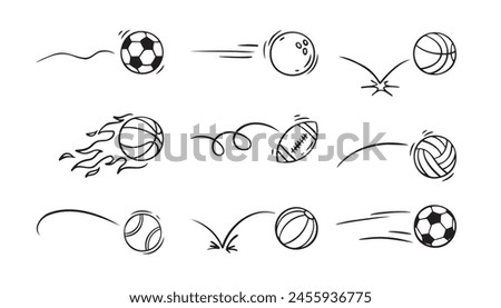  Doodle sport ball trajectory bounce collection. Line hand drawn balls set. Vector illustration