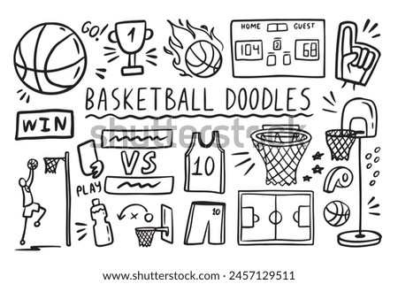 Basketball doodle elements set. basket sport ball, winner cup. Hand drawn sketch style. Vector illustration