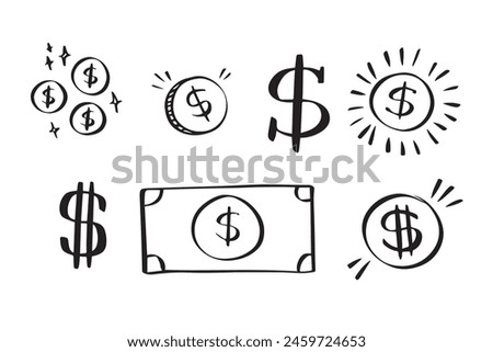 Dollar doodle sign symbol set. Hand drawn Dollar icon. money brushstrokes punctuation. Vector illustration