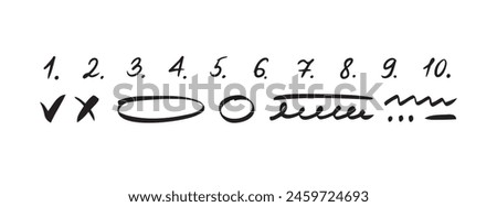 Doodle checklist numbering. List of handwritten numbers with dots. Hand drawn scribble numbers. Vector illustration