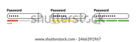 Password weak, medium, strong interface. Password website template. Digital security bar interface. Vector illustration