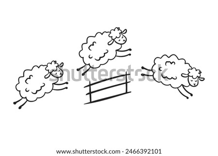 Doodle line cute sheep jumping over fence. Good night sleep poster. Counting sheep to fall asleep. . Vector illustration