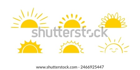 Yellow semicircle doodle half sun Hand drawn icons set in doodle style. Sunset simple graphic symbols. Summer heat icons. Half round solar element. Vector illustration