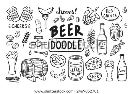 Doodle beer outline set. Hand drawn pub elements. Vector illustration