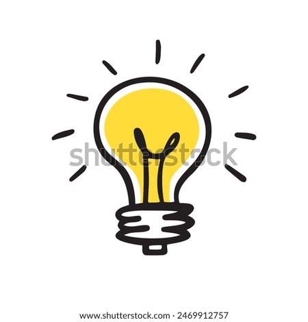 Light bulb idea rays shine Doodle Cartoon Flat style. Hand drawn Symbol creativity, inspiration. Vector illustration