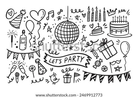 Doodle party elements Hand drawn set. Sketch icons for invitation, flyer, poster. Vector illustration