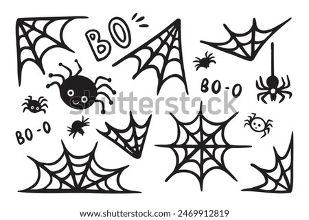 Spider web doodle icons Halloween decoration set. Monochrome Cobweb. Cute Spiders web elements. Vector illustration