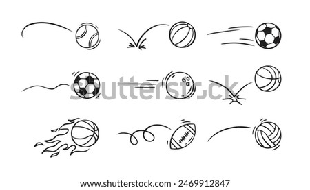  Doodle sport ball trajectory bounce collection. Line hand drawn balls set. Vector illustration