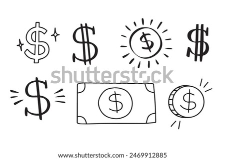 Dollar doodle sign symbol set. Hand drawn Dollar icon. money brushstrokes punctuation. Vector illustration