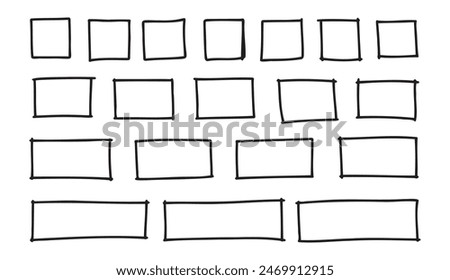 Free outline hand drawn squares, rectangles different sizes. Scribble rectangular frames set. Freehand square borders. Text highlight underline. . Vector illustration