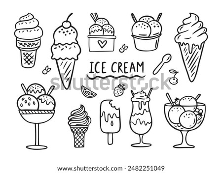 Ice cream Hand drawn doodle set. Different types, waffle cone, cup ice cream, popsicle, sundae. Sketch style cafe menu, card, birthday card decoration. Vector illustration