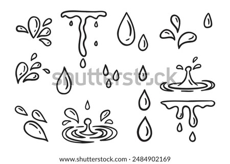 Water drops doodle icon sign. Decorative set Droplet splash symbol. Hand drawn ink sketch. Vector illustration