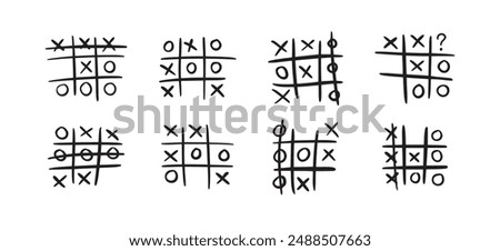 Hand drawn tic tac toe game, doodle X-O children game. Noughts and win. Play tictactoe draw. Vector illustration